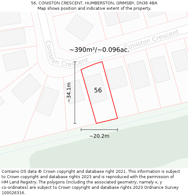 56, CONISTON CRESCENT, HUMBERSTON, GRIMSBY, DN36 4BA: Plot and title map