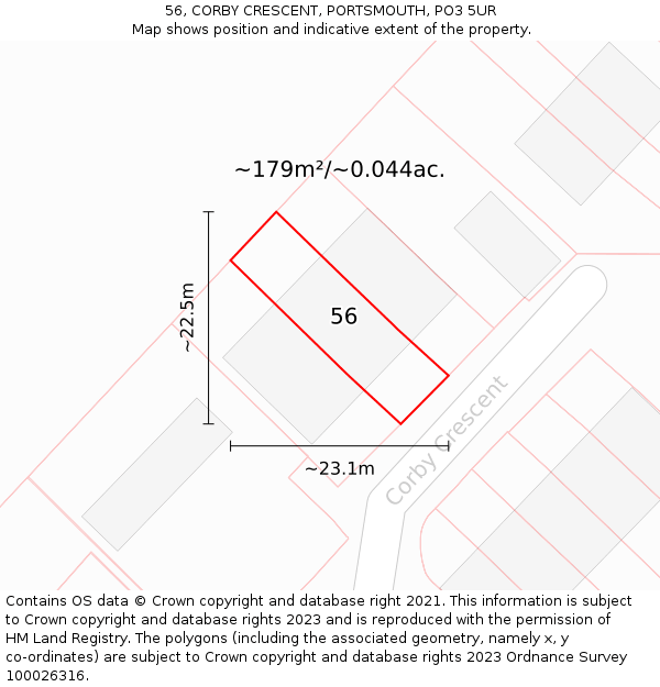 56, CORBY CRESCENT, PORTSMOUTH, PO3 5UR: Plot and title map