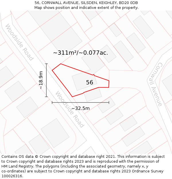 56, CORNWALL AVENUE, SILSDEN, KEIGHLEY, BD20 0DB: Plot and title map