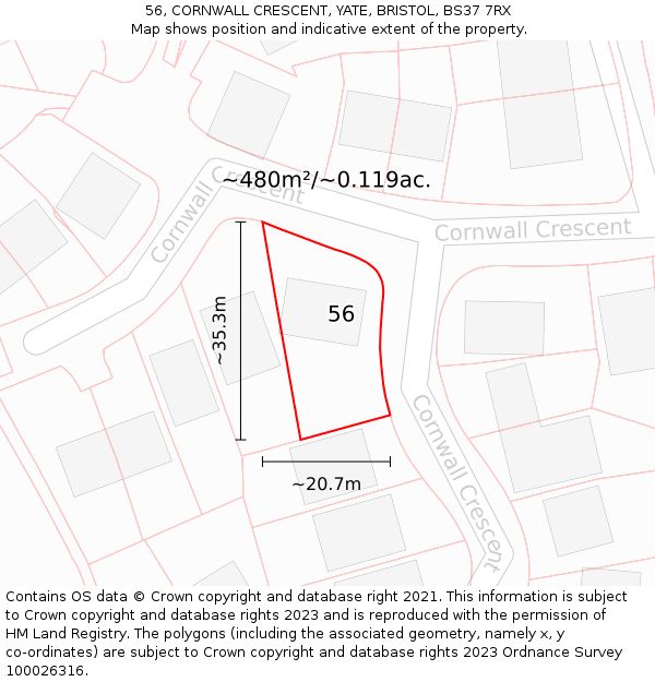 56, CORNWALL CRESCENT, YATE, BRISTOL, BS37 7RX: Plot and title map
