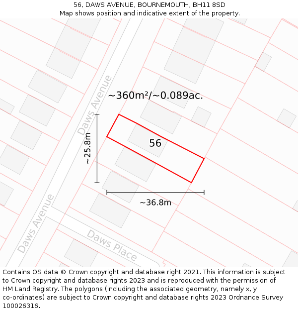 56, DAWS AVENUE, BOURNEMOUTH, BH11 8SD: Plot and title map