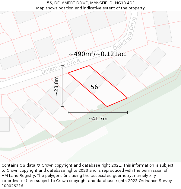 56, DELAMERE DRIVE, MANSFIELD, NG18 4DF: Plot and title map