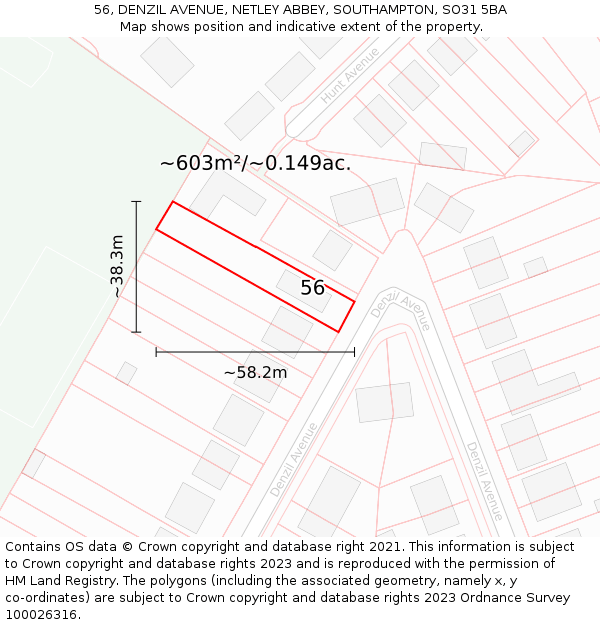56, DENZIL AVENUE, NETLEY ABBEY, SOUTHAMPTON, SO31 5BA: Plot and title map