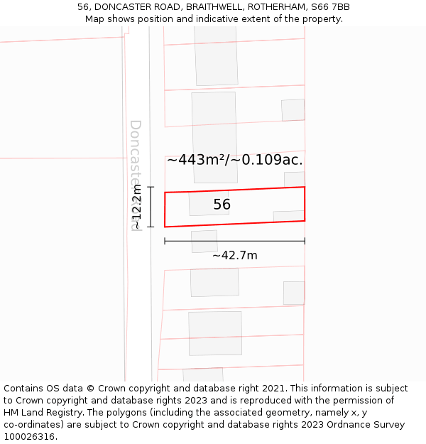 56, DONCASTER ROAD, BRAITHWELL, ROTHERHAM, S66 7BB: Plot and title map