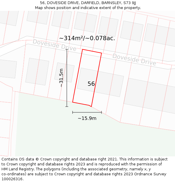 56, DOVESIDE DRIVE, DARFIELD, BARNSLEY, S73 9JJ: Plot and title map