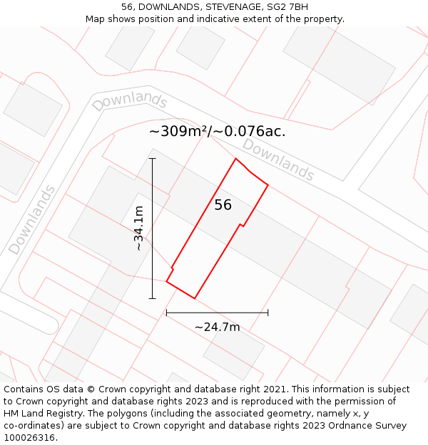 56, DOWNLANDS, STEVENAGE, SG2 7BH: Plot and title map