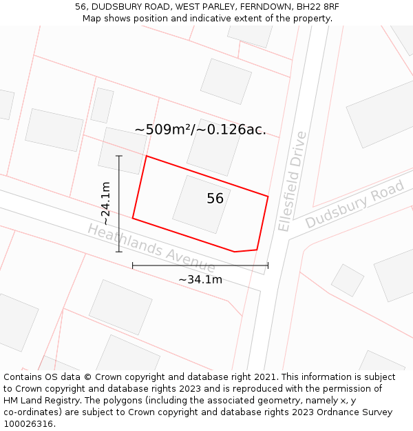 56, DUDSBURY ROAD, WEST PARLEY, FERNDOWN, BH22 8RF: Plot and title map