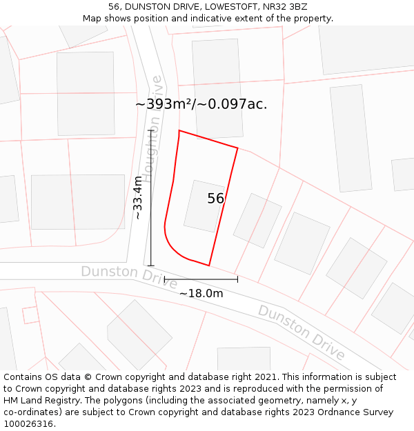 56, DUNSTON DRIVE, LOWESTOFT, NR32 3BZ: Plot and title map