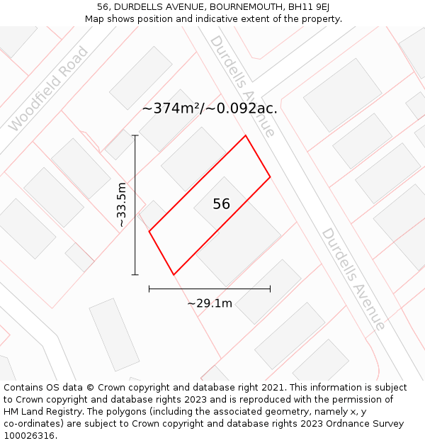 56, DURDELLS AVENUE, BOURNEMOUTH, BH11 9EJ: Plot and title map
