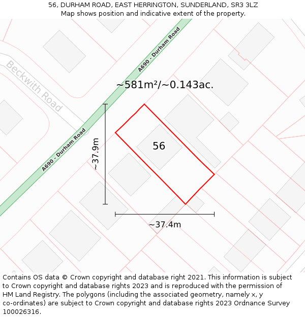56, DURHAM ROAD, EAST HERRINGTON, SUNDERLAND, SR3 3LZ: Plot and title map