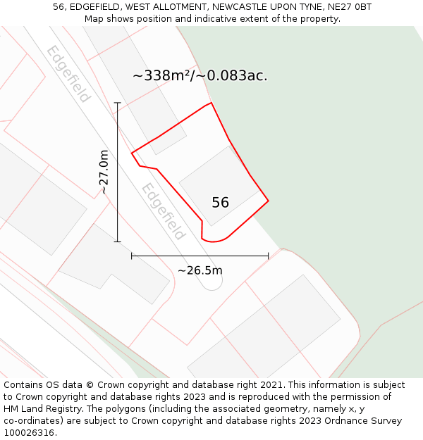 56, EDGEFIELD, WEST ALLOTMENT, NEWCASTLE UPON TYNE, NE27 0BT: Plot and title map
