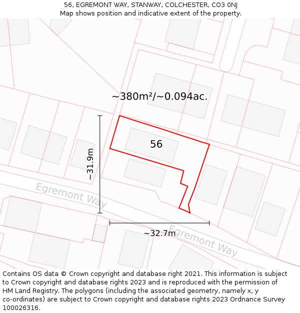 56, EGREMONT WAY, STANWAY, COLCHESTER, CO3 0NJ: Plot and title map