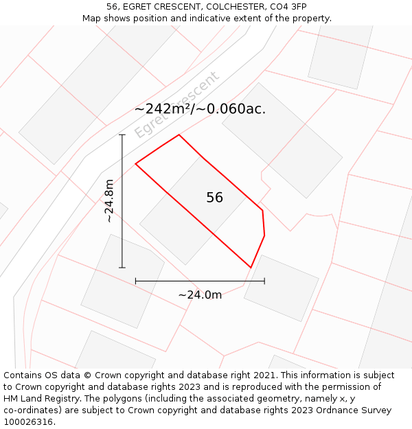 56, EGRET CRESCENT, COLCHESTER, CO4 3FP: Plot and title map