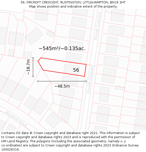 56, FIRCROFT CRESCENT, RUSTINGTON, LITTLEHAMPTON, BN16 3HT: Plot and title map