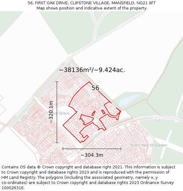 56, FIRST OAK DRIVE, CLIPSTONE VILLAGE, MANSFIELD, NG21 9FT: Plot and title map