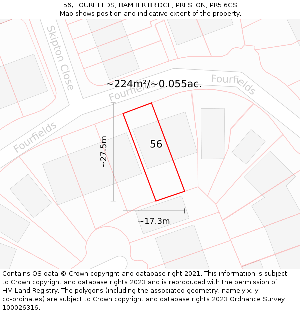 56, FOURFIELDS, BAMBER BRIDGE, PRESTON, PR5 6GS: Plot and title map