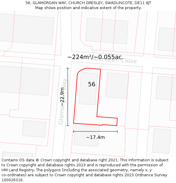 56, GLAMORGAN WAY, CHURCH GRESLEY, SWADLINCOTE, DE11 9JT: Plot and title map