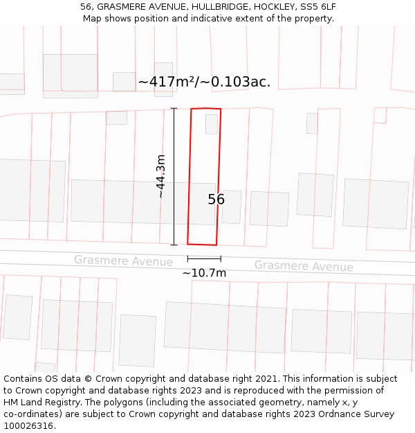 56, GRASMERE AVENUE, HULLBRIDGE, HOCKLEY, SS5 6LF: Plot and title map