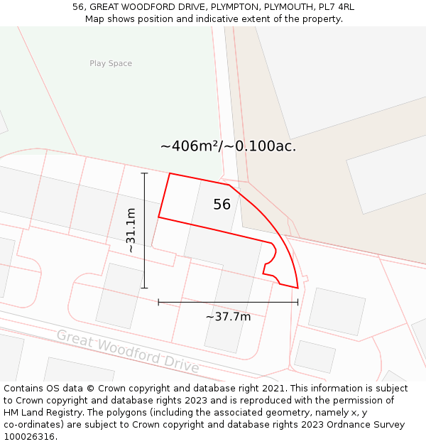 56, GREAT WOODFORD DRIVE, PLYMPTON, PLYMOUTH, PL7 4RL: Plot and title map