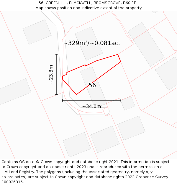 56, GREENHILL, BLACKWELL, BROMSGROVE, B60 1BL: Plot and title map