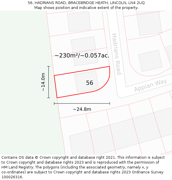 56, HADRIANS ROAD, BRACEBRIDGE HEATH, LINCOLN, LN4 2UQ: Plot and title map