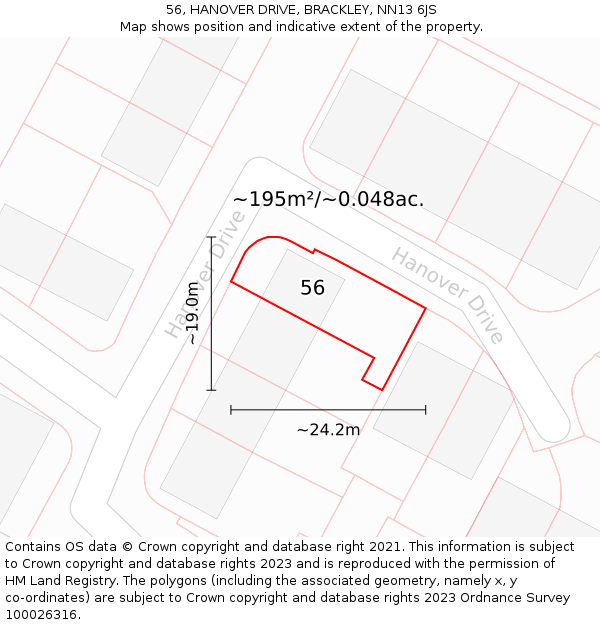 56, HANOVER DRIVE, BRACKLEY, NN13 6JS: Plot and title map