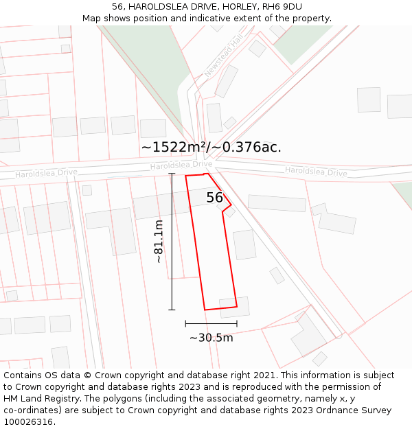 56, HAROLDSLEA DRIVE, HORLEY, RH6 9DU: Plot and title map