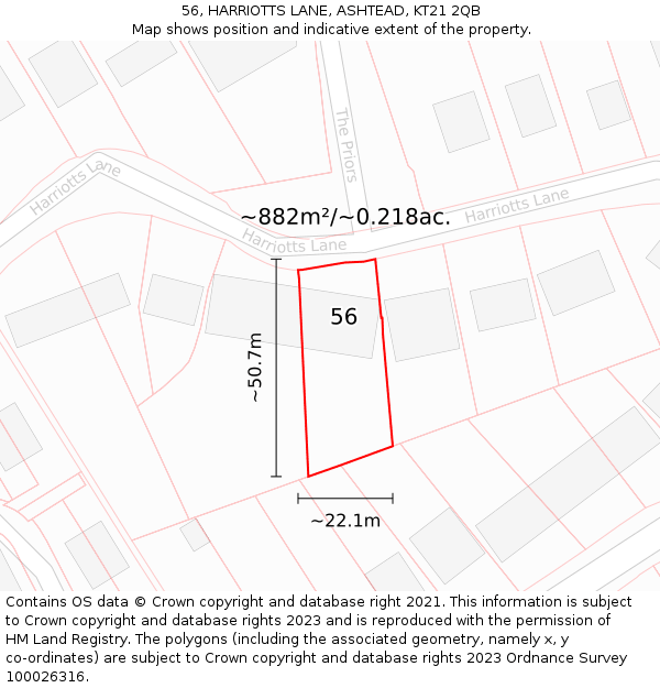 56, HARRIOTTS LANE, ASHTEAD, KT21 2QB: Plot and title map