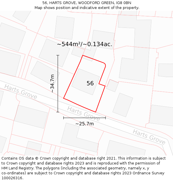 56, HARTS GROVE, WOODFORD GREEN, IG8 0BN: Plot and title map