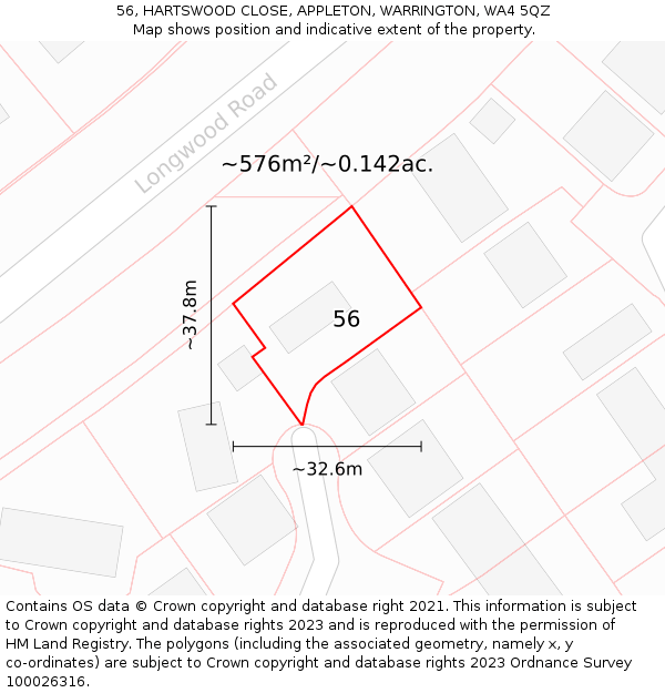 56, HARTSWOOD CLOSE, APPLETON, WARRINGTON, WA4 5QZ: Plot and title map