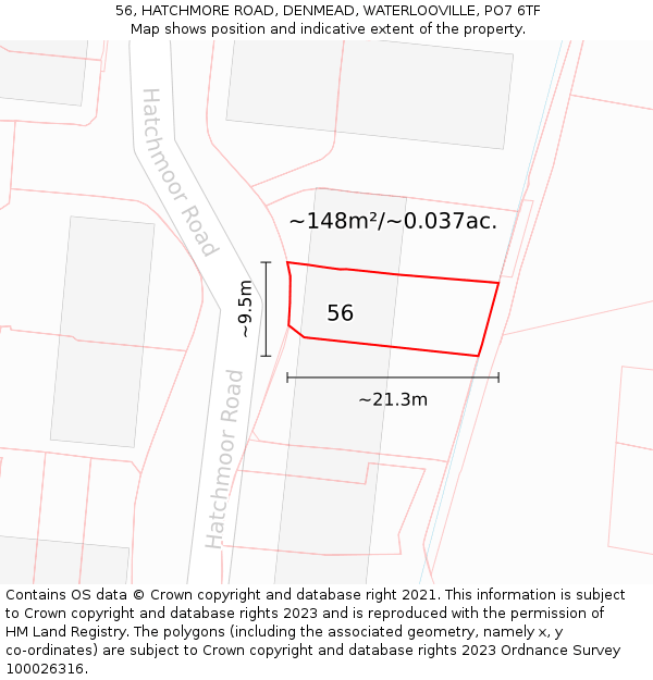 56, HATCHMORE ROAD, DENMEAD, WATERLOOVILLE, PO7 6TF: Plot and title map