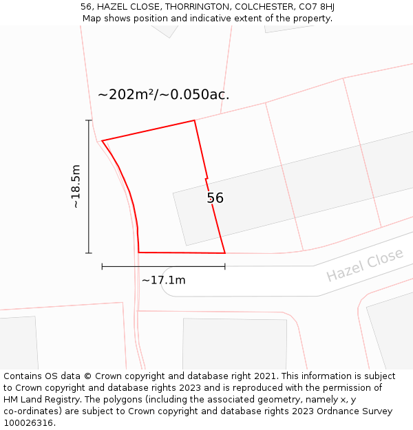56, HAZEL CLOSE, THORRINGTON, COLCHESTER, CO7 8HJ: Plot and title map