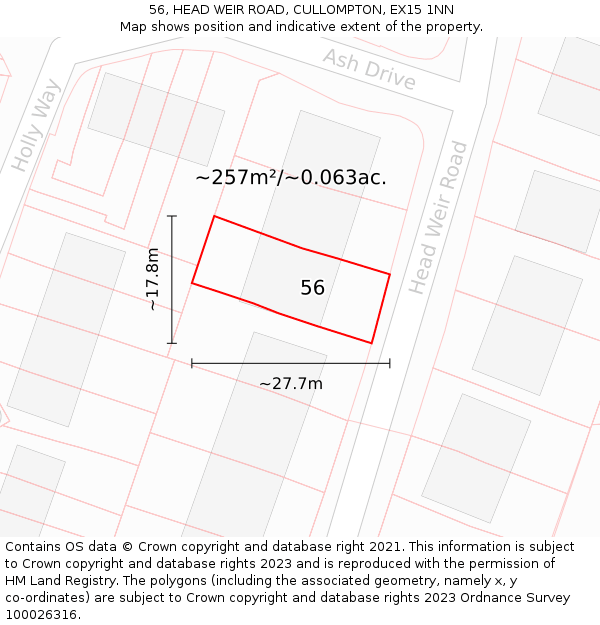 56, HEAD WEIR ROAD, CULLOMPTON, EX15 1NN: Plot and title map