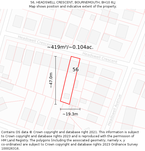 56, HEADSWELL CRESCENT, BOURNEMOUTH, BH10 6LJ: Plot and title map