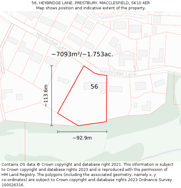 56, HEYBRIDGE LANE, PRESTBURY, MACCLESFIELD, SK10 4ER: Plot and title map