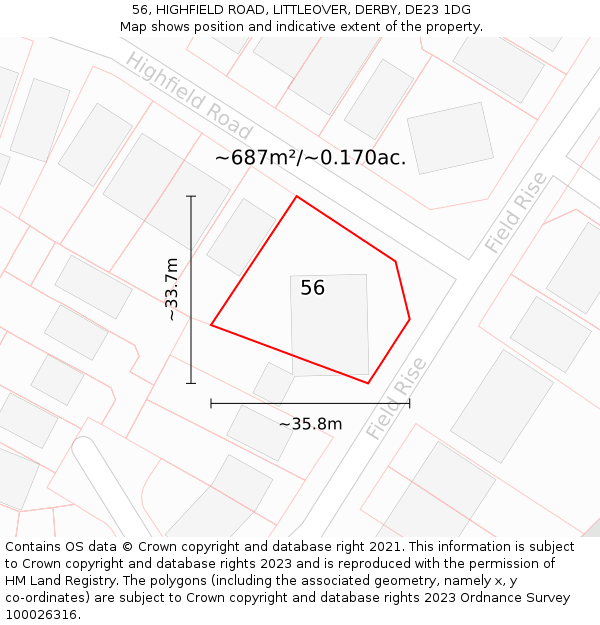 56, HIGHFIELD ROAD, LITTLEOVER, DERBY, DE23 1DG: Plot and title map