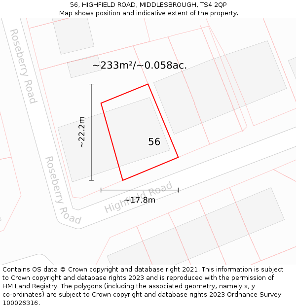 56, HIGHFIELD ROAD, MIDDLESBROUGH, TS4 2QP: Plot and title map