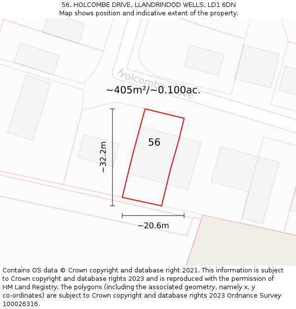 56, HOLCOMBE DRIVE, LLANDRINDOD WELLS, LD1 6DN: Plot and title map