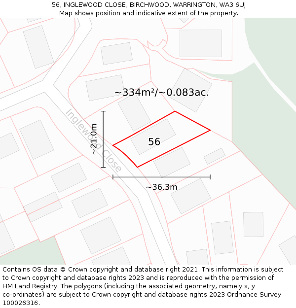 56, INGLEWOOD CLOSE, BIRCHWOOD, WARRINGTON, WA3 6UJ: Plot and title map