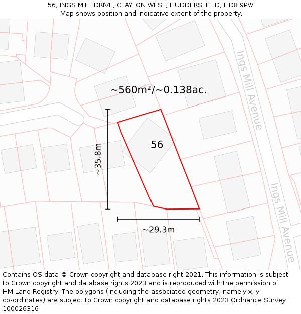 56, INGS MILL DRIVE, CLAYTON WEST, HUDDERSFIELD, HD8 9PW: Plot and title map