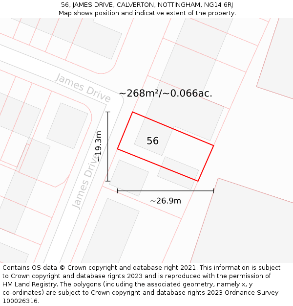 56, JAMES DRIVE, CALVERTON, NOTTINGHAM, NG14 6RJ: Plot and title map