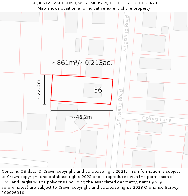 56, KINGSLAND ROAD, WEST MERSEA, COLCHESTER, CO5 8AH: Plot and title map