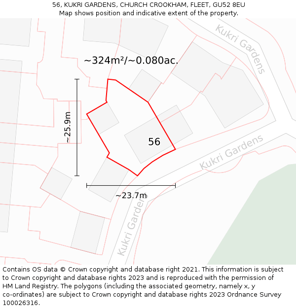 56, KUKRI GARDENS, CHURCH CROOKHAM, FLEET, GU52 8EU: Plot and title map