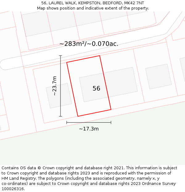56, LAUREL WALK, KEMPSTON, BEDFORD, MK42 7NT: Plot and title map