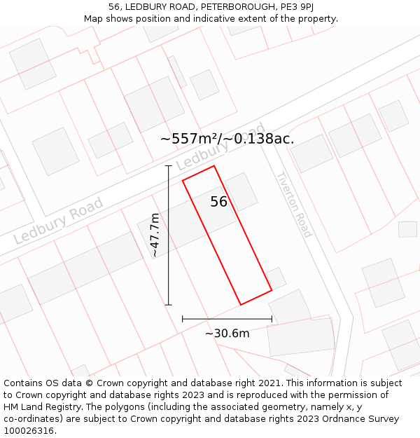 56, LEDBURY ROAD, PETERBOROUGH, PE3 9PJ: Plot and title map