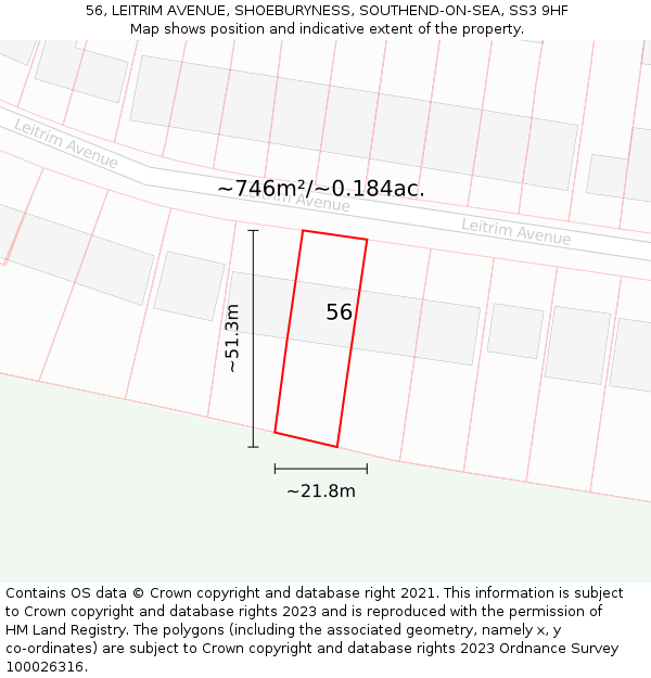 56, LEITRIM AVENUE, SHOEBURYNESS, SOUTHEND-ON-SEA, SS3 9HF: Plot and title map