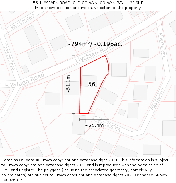56, LLYSFAEN ROAD, OLD COLWYN, COLWYN BAY, LL29 9HB: Plot and title map