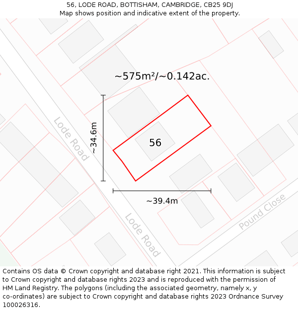 56, LODE ROAD, BOTTISHAM, CAMBRIDGE, CB25 9DJ: Plot and title map