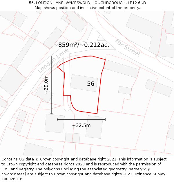 56, LONDON LANE, WYMESWOLD, LOUGHBOROUGH, LE12 6UB: Plot and title map
