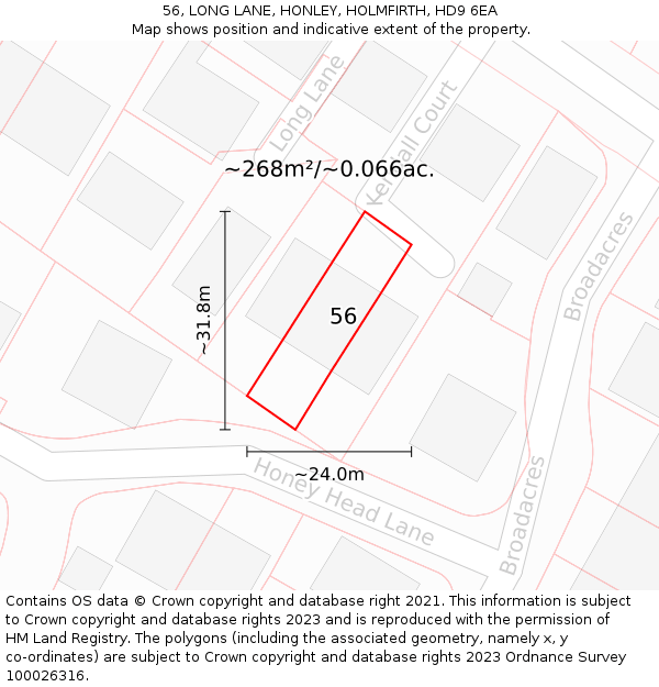 56, LONG LANE, HONLEY, HOLMFIRTH, HD9 6EA: Plot and title map